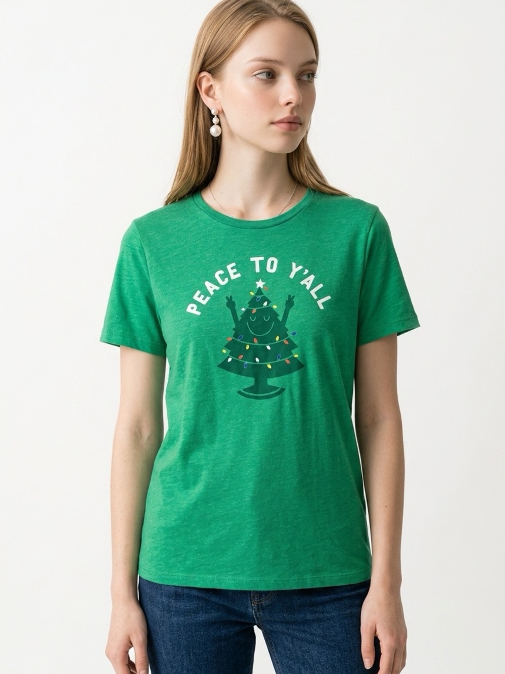 OLD NAVY | Peace to Y’all Green Holiday Christmas Tree Tee Women’s Size Large